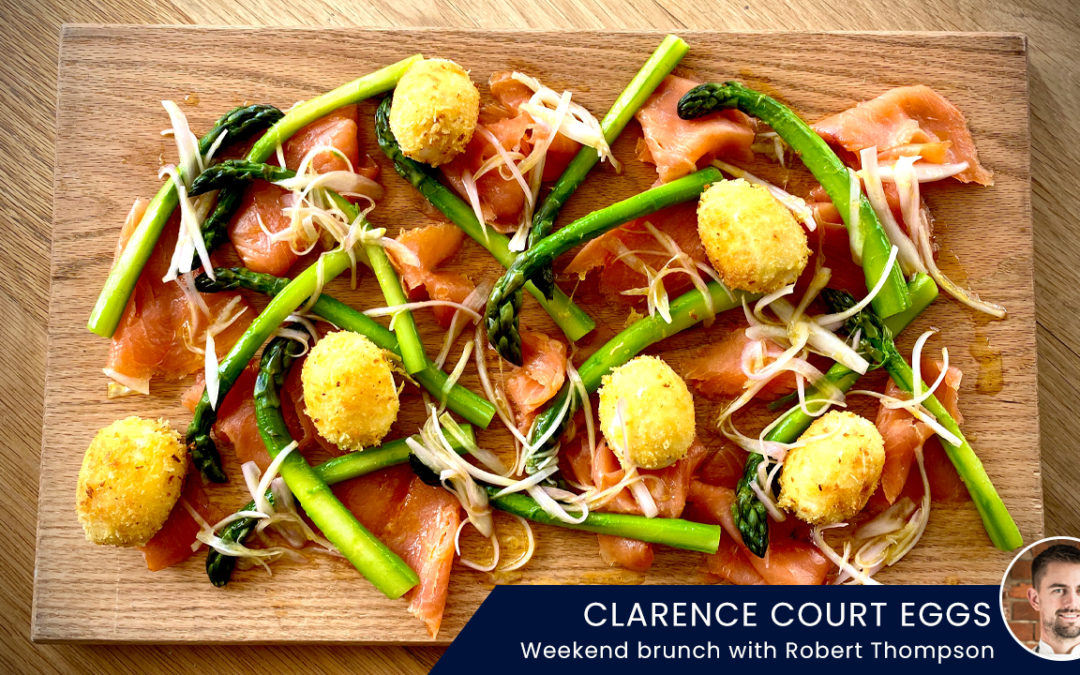 Crispy Clarence Court Eggs with Smoked Salmon, Asparagus and Lemon & Shallot Dressing