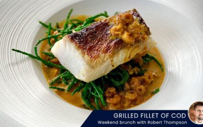 Grilled fillet of cod with devilled shrimp butter